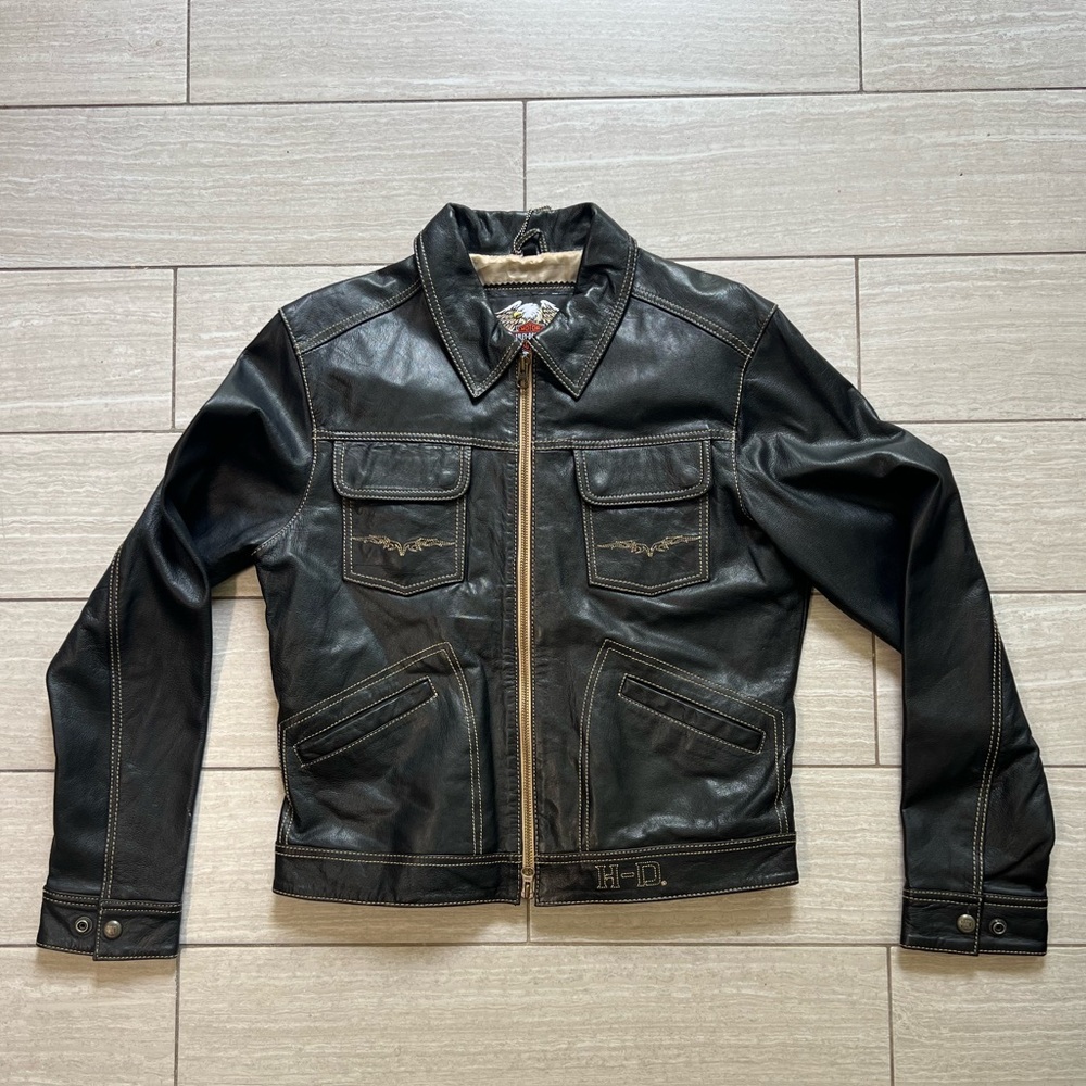 Harley Davidson Leather Motorcycle Jacket w/ Gold Embroidered Angel Wings